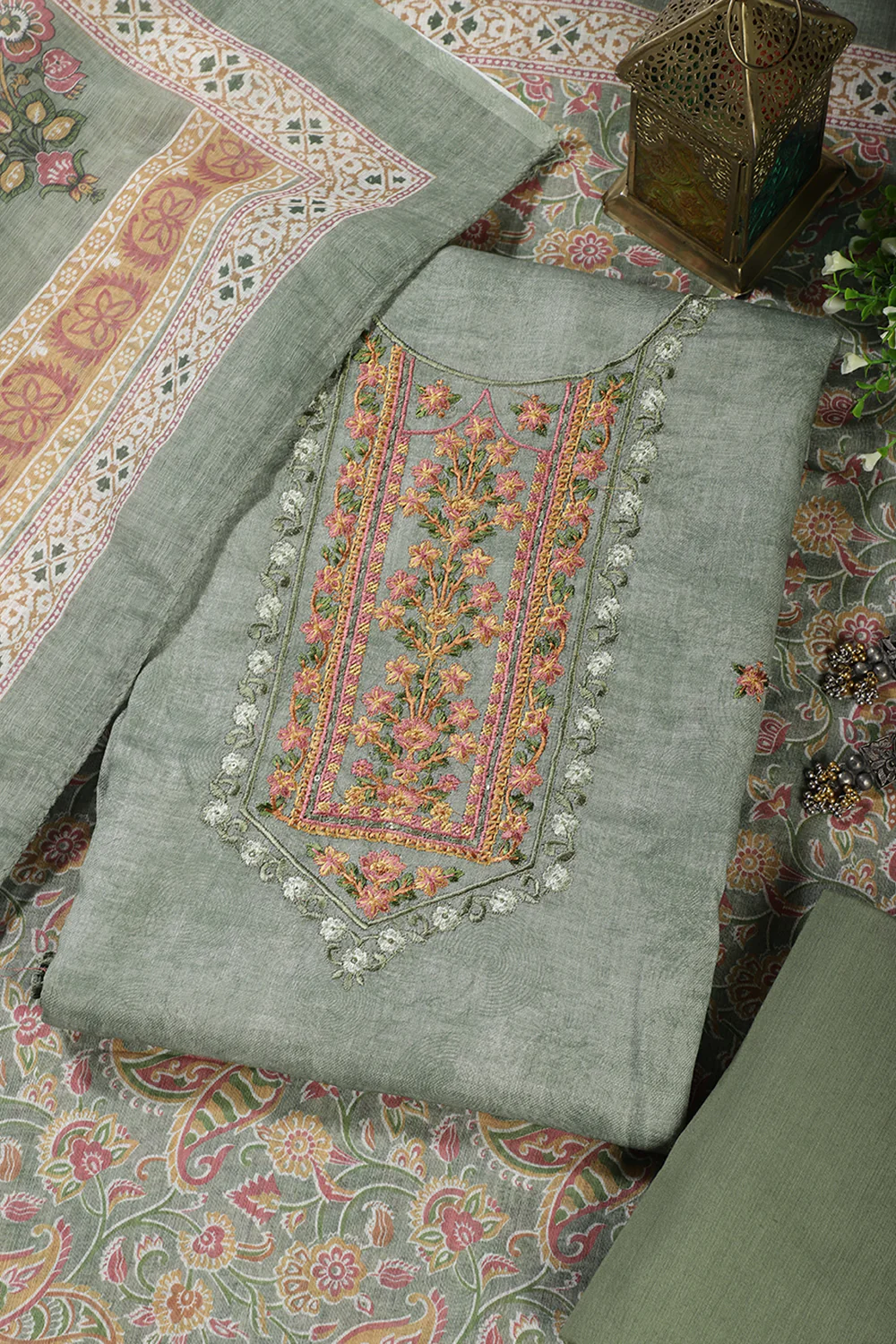 Green Cotton Resham Embroidered Unstitched Suit - Image 4