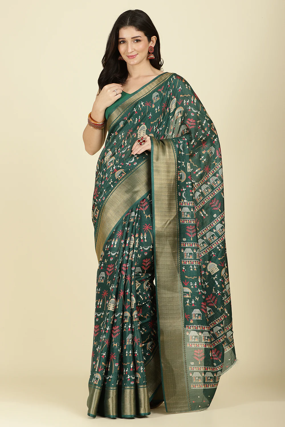 Green Cotton Silk Printed Saree - Image 2