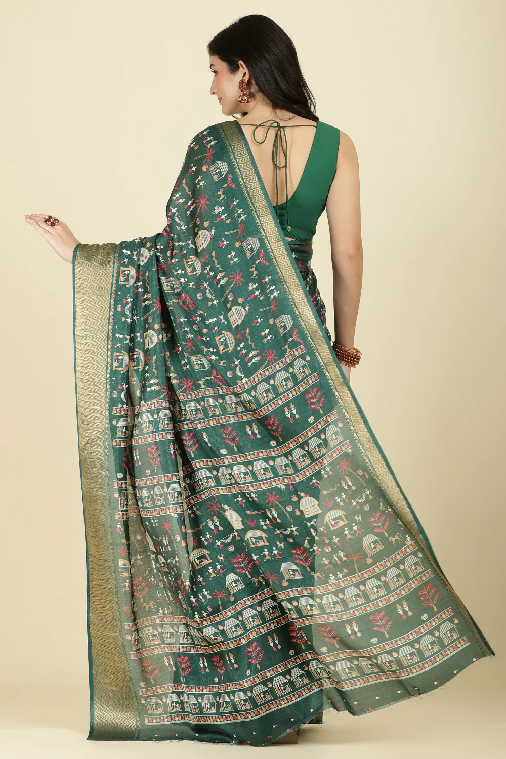 Green Cotton Silk Printed Saree - Image 3