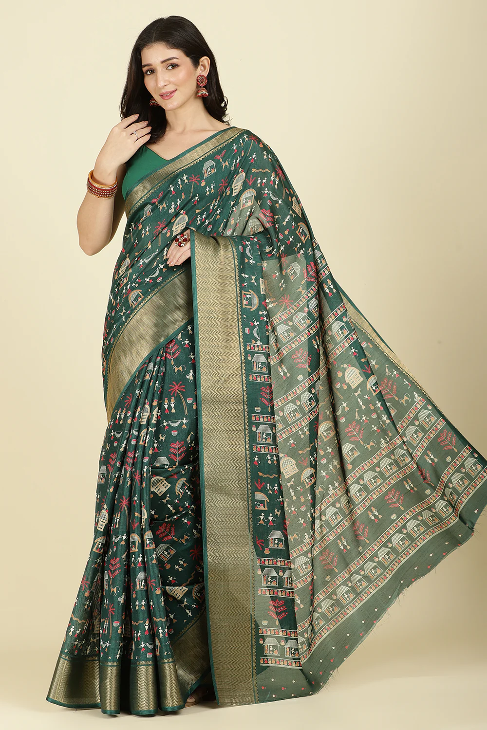 Green Cotton Silk Printed Saree - Image 4