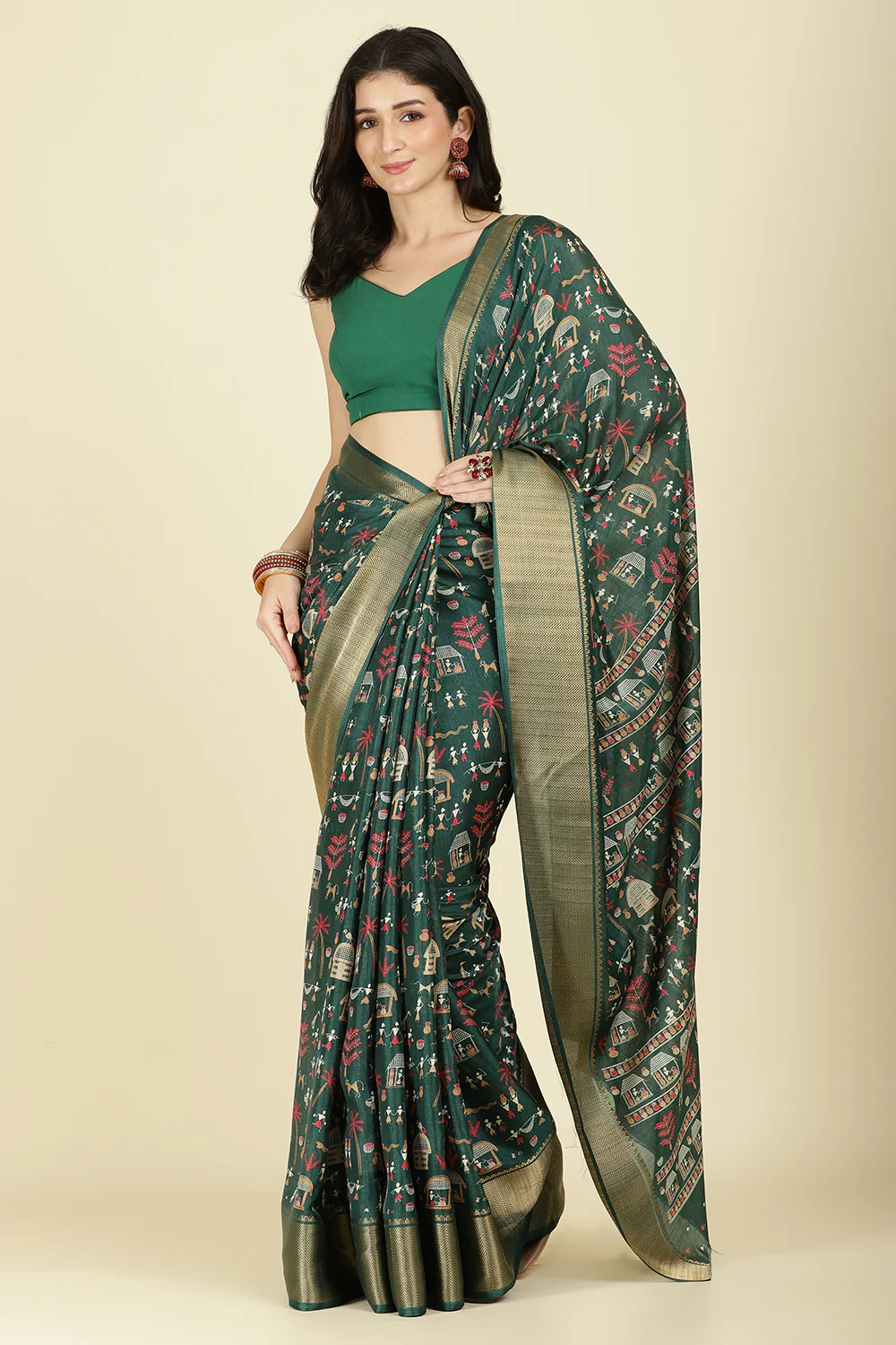 Green Cotton Silk Printed Saree - Image 5