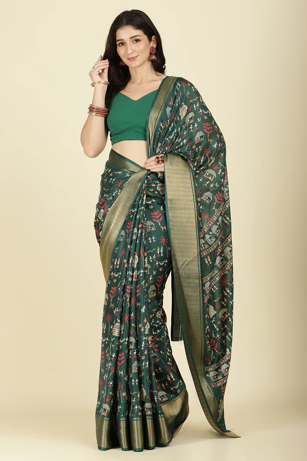 Green Cotton Silk Printed Saree - Image 6