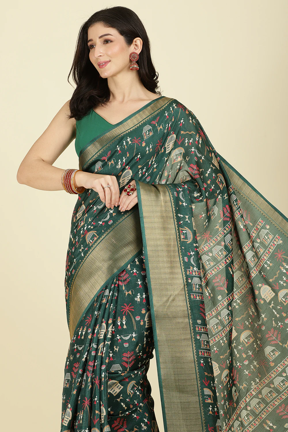 Green Cotton Silk Printed Saree - Image 7