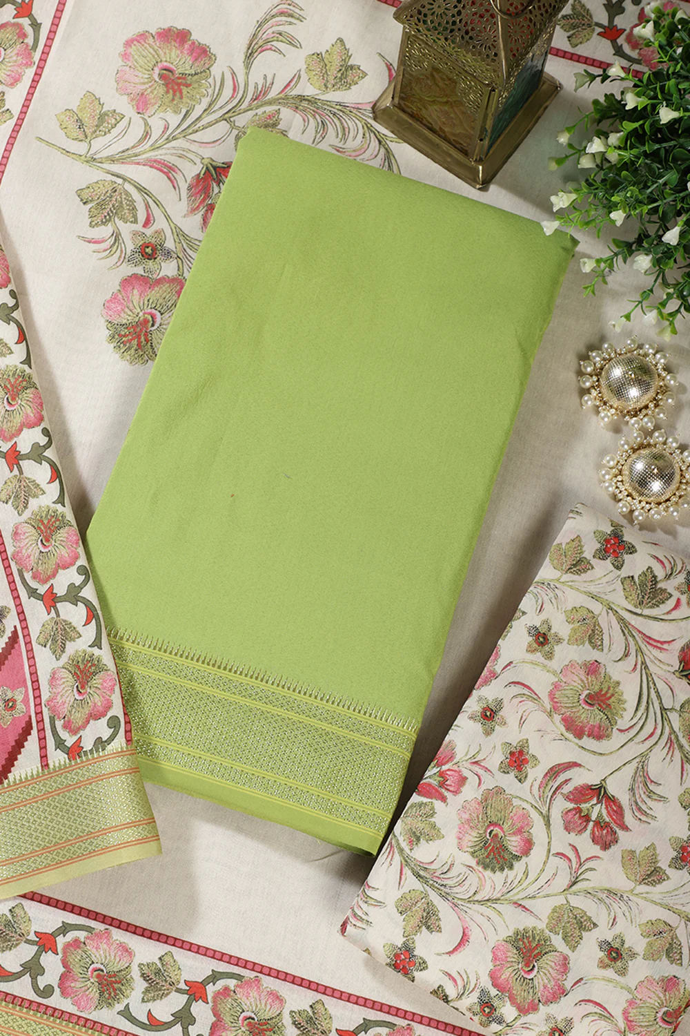 Green Cotton Unstitched Suit Material With Floral Printed Dupatta & Salwar Set