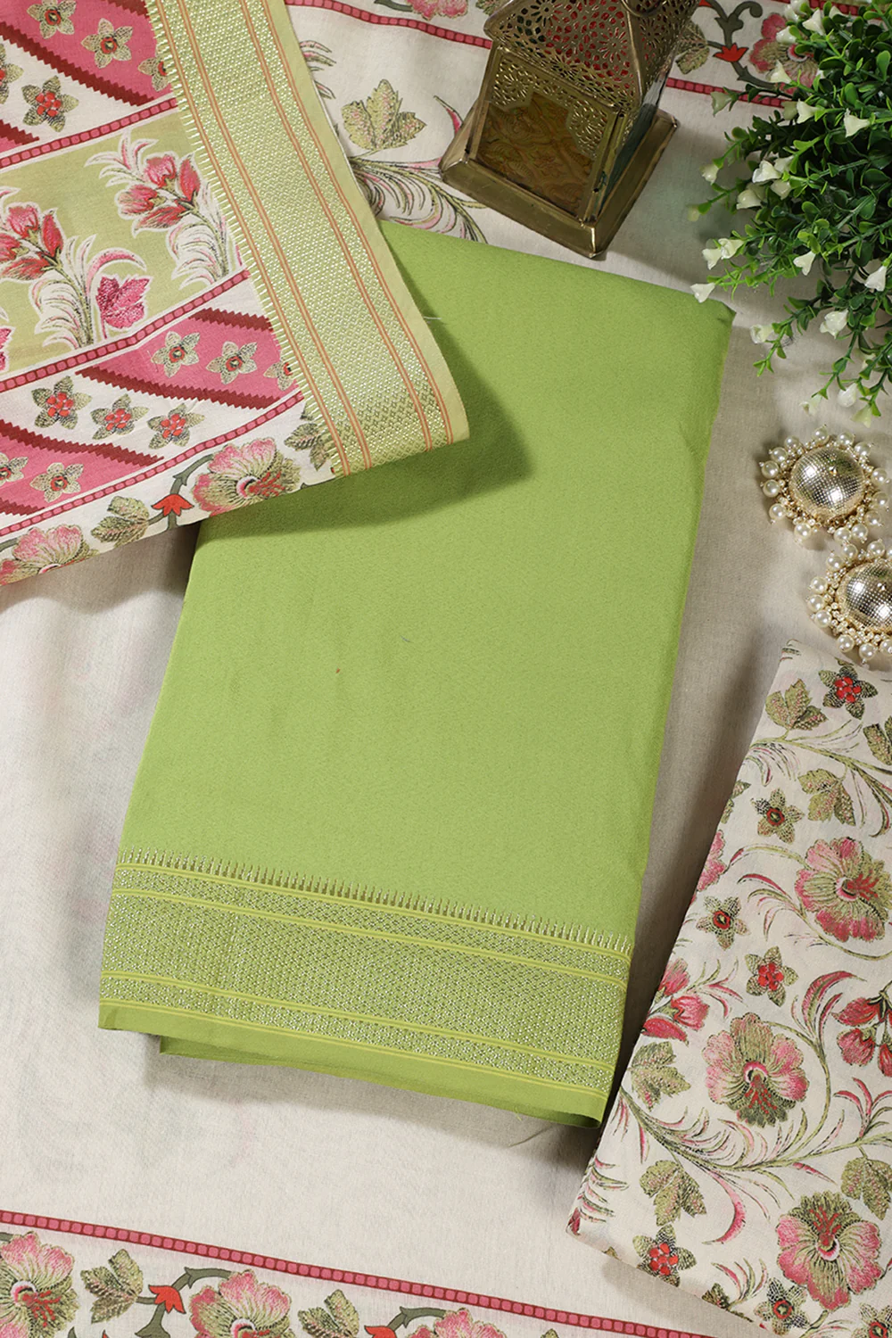Green Cotton Unstitched Suit Material With Floral Printed Dupatta & Salwar Set - Image 3