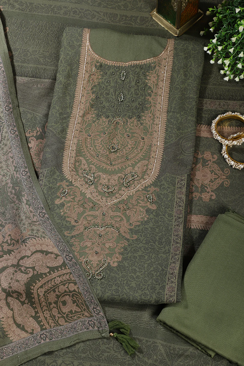 Green Floral Jaal Printed Spun Unstitched Suit Material - Image 2