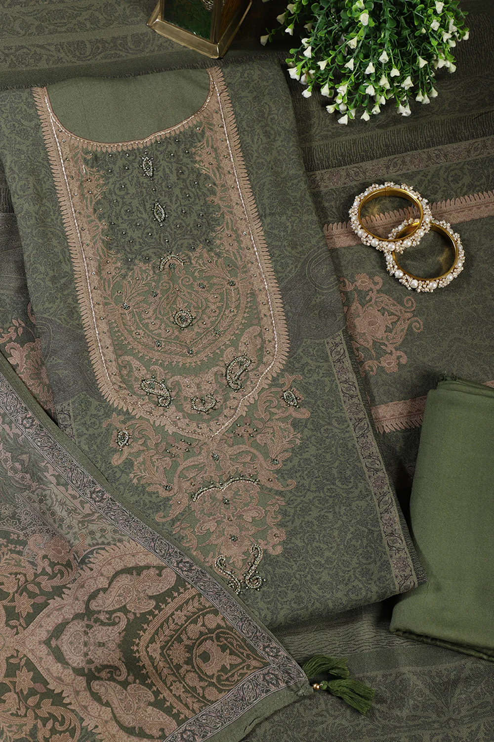 Green Floral Jaal Printed Spun Unstitched Suit Material - Image 3