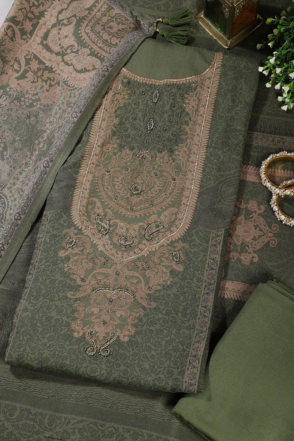 Green Floral Jaal Printed Spun Unstitched Suit Material - Image 4