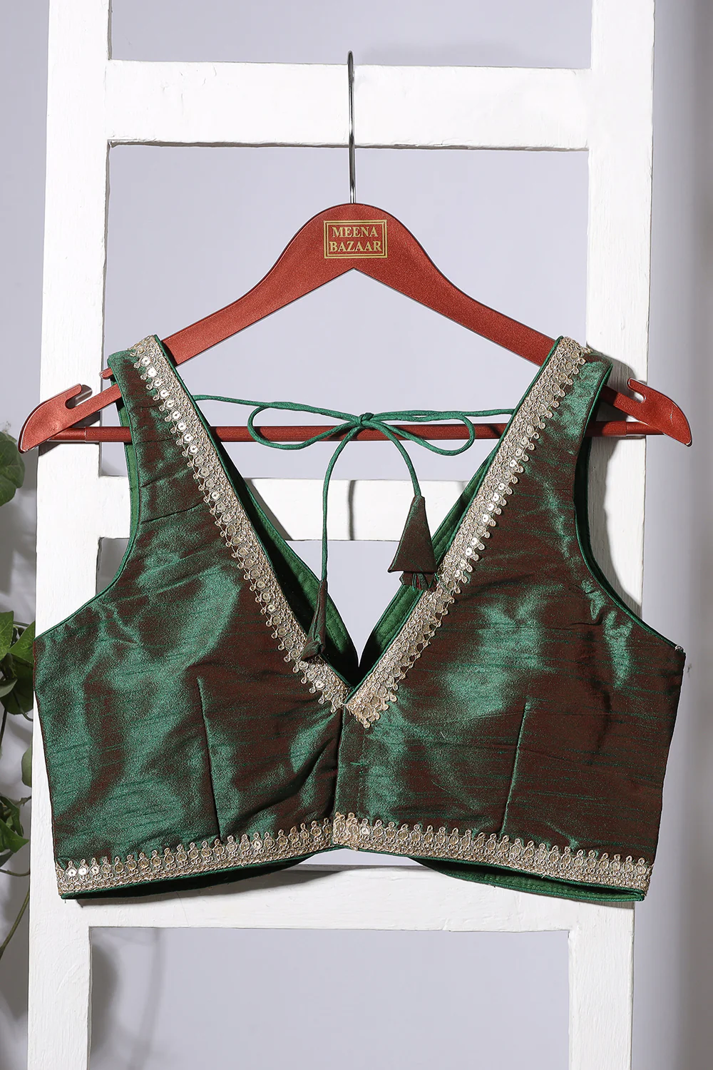 Green & Maroon Dual-Tone Tussar Silk Zari And Sequins Embroidered Readymade Blouse - Image 3