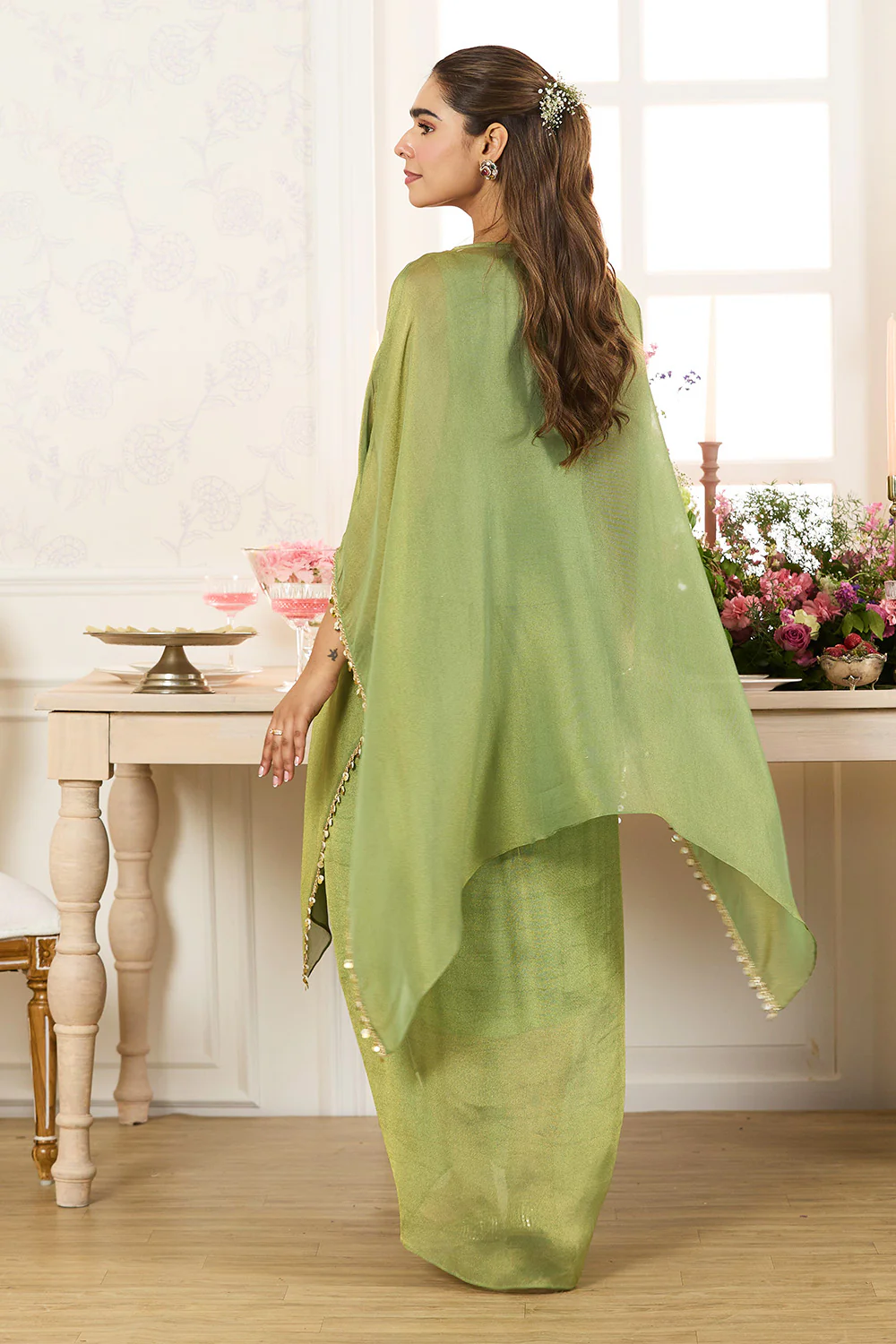 Green Shimmer Fabric Embroidered Cape Jacket with Crop Top & Dhoti Style Pant Co-ord Set - Image 3