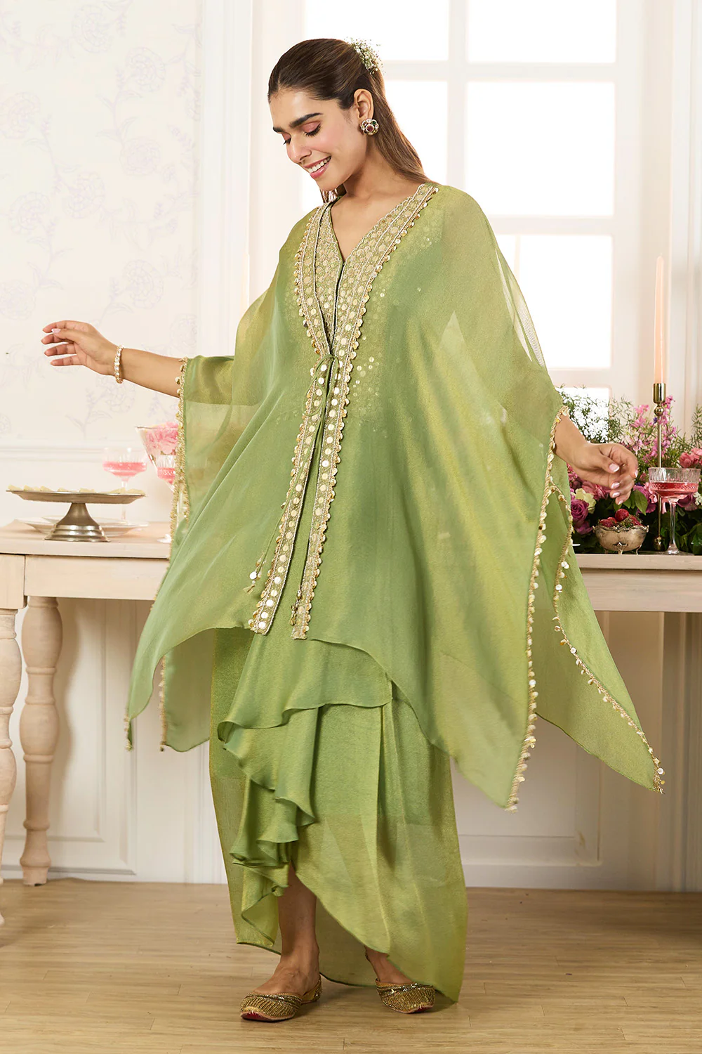 Green Shimmer Fabric Embroidered Cape Jacket with Crop Top & Dhoti Style Pant Co-ord Set - Image 4