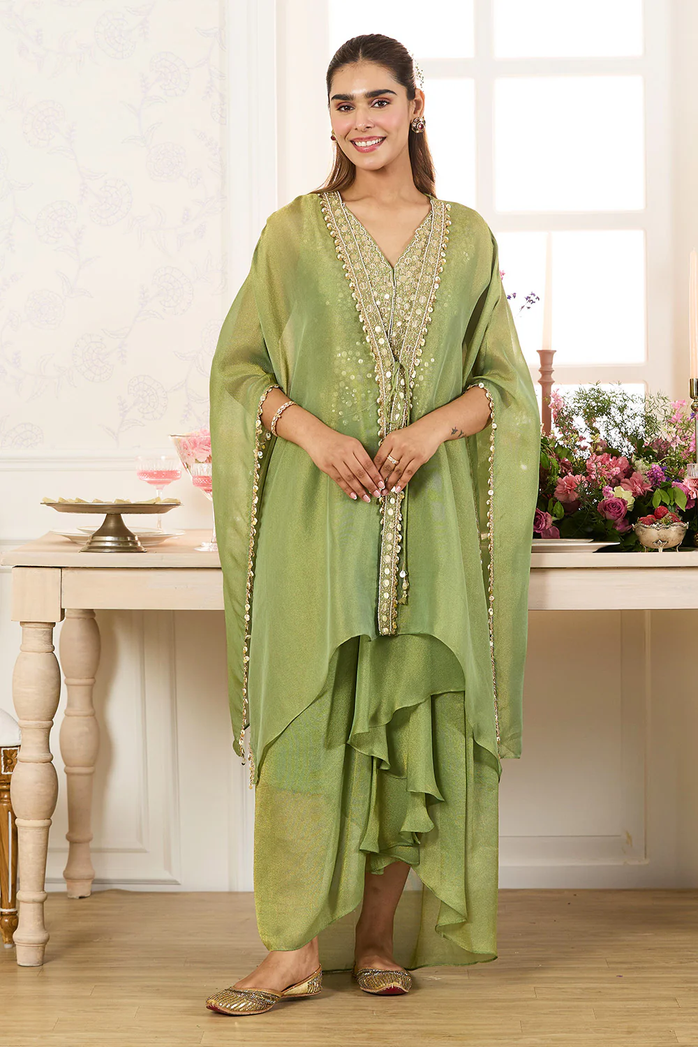 Green Shimmer Fabric Embroidered Cape Jacket with Crop Top & Dhoti Style Pant Co-ord Set - Image 5