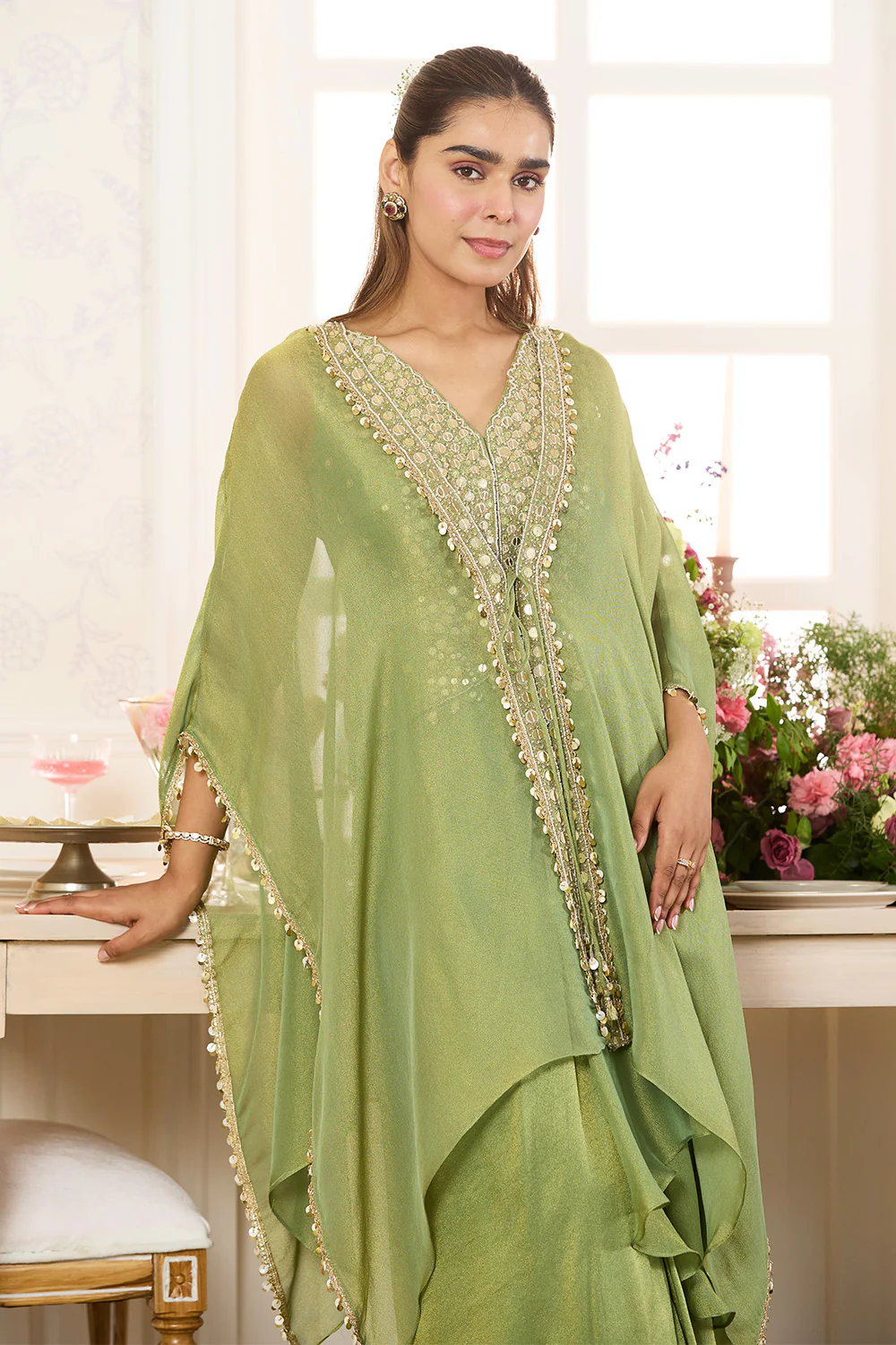 Green Shimmer Fabric Embroidered Cape Jacket with Crop Top & Dhoti Style Pant Co-ord Set - Image 7