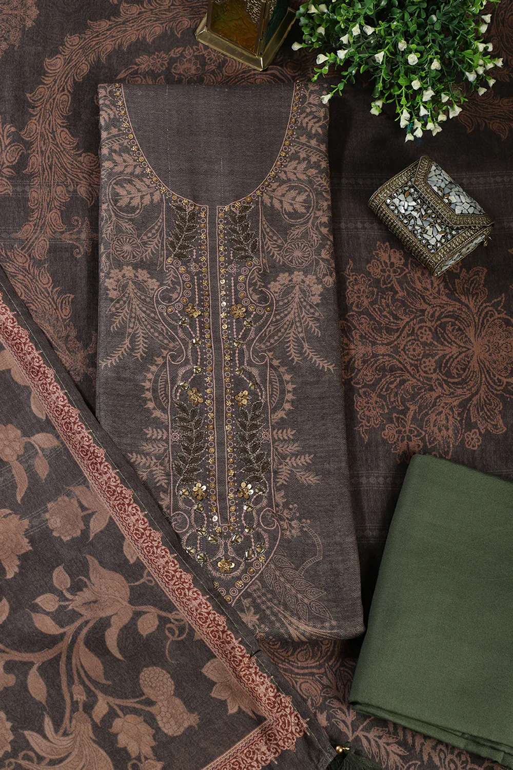Green Spun Floral Printed Unstitched Suit Fabric - Image 2