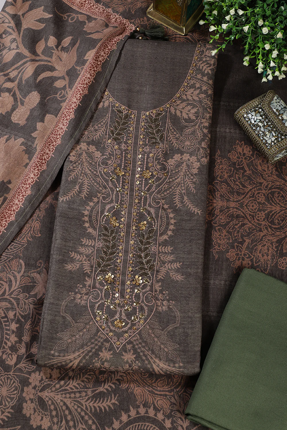 Green Spun Floral Printed Unstitched Suit Fabric - Image 3