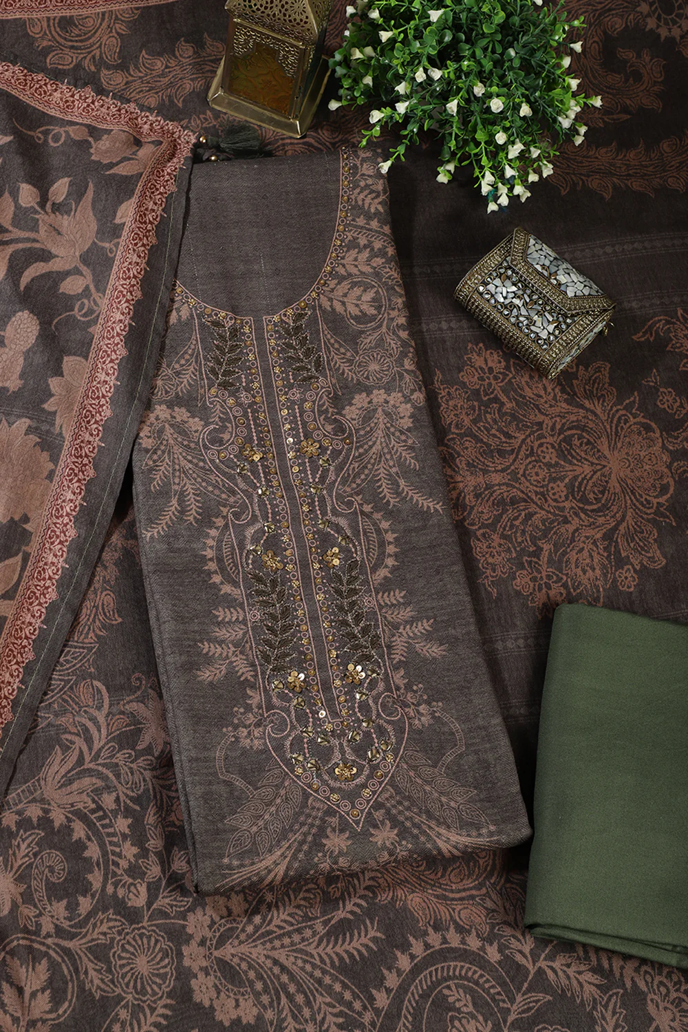 Green Spun Floral Printed Unstitched Suit Fabric - Image 4