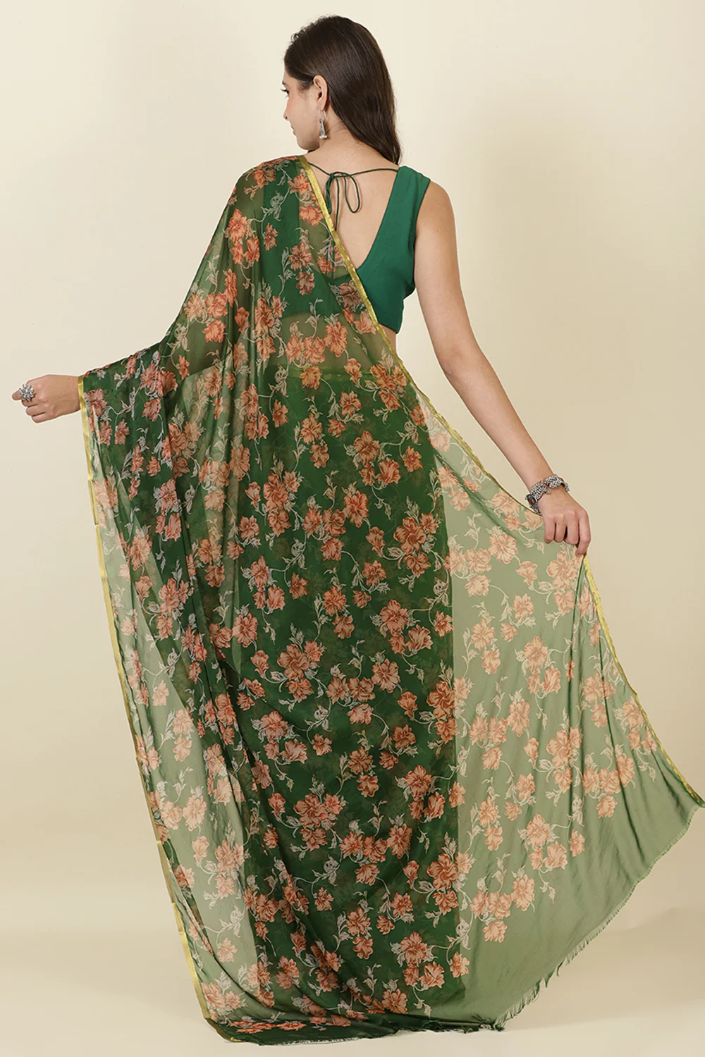 Green Zari Border & Floral Printed Chiffon Saree - Image 3