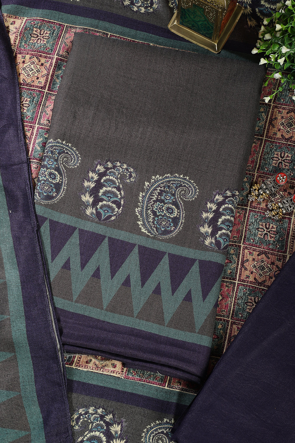 Greenish Grey Spun Printed Unstitched Suit - Image 3