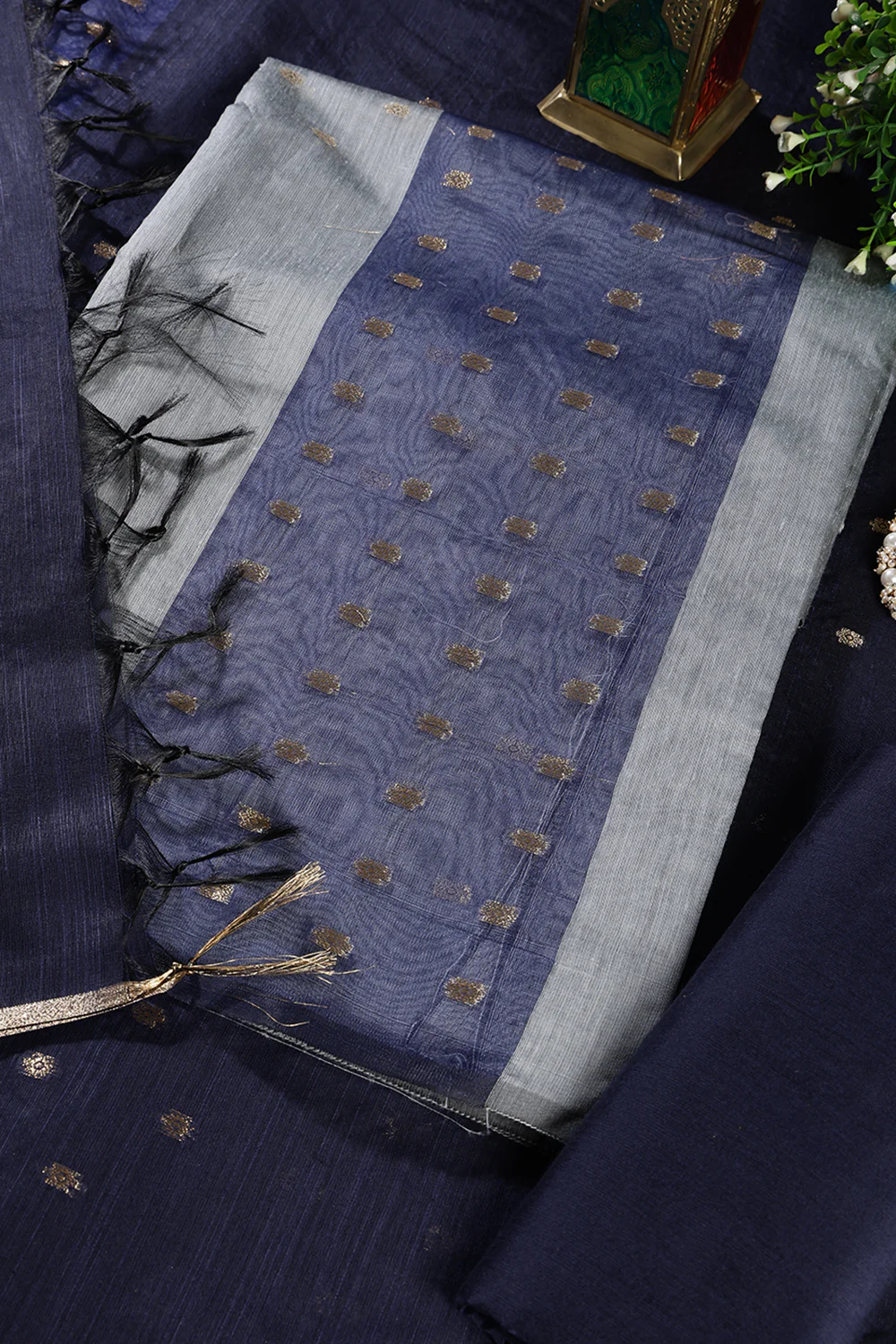 Grey Chanderi Cotton Zari Woven Unstitched Suit Fabric - Image 3