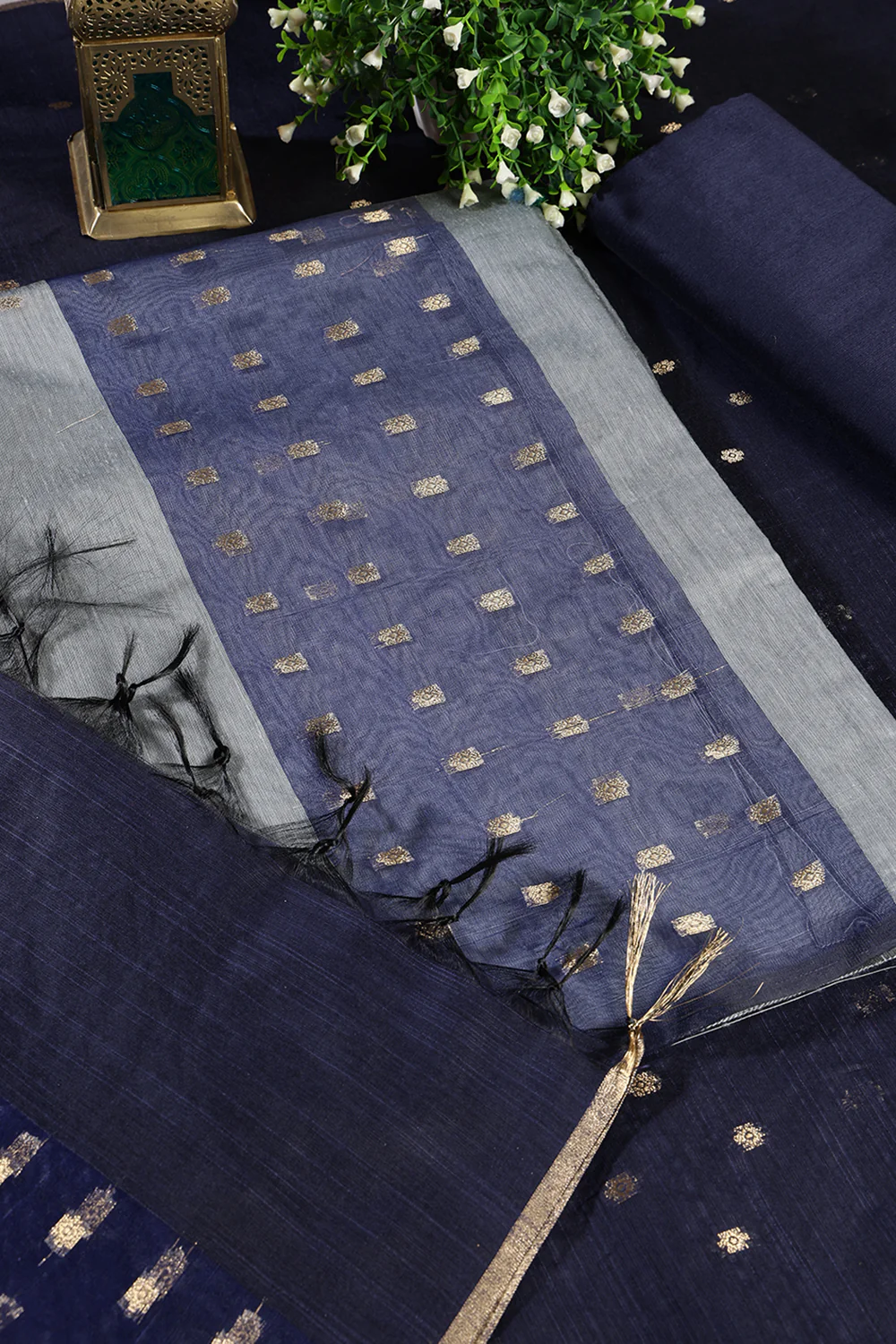 Grey Chanderi Cotton Zari Woven Unstitched Suit Fabric - Image 4