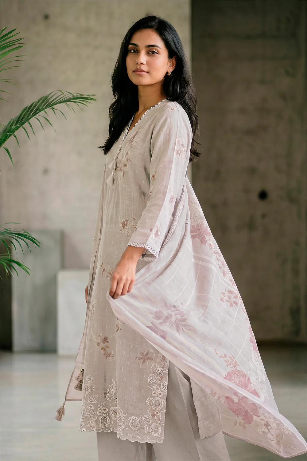 Grey Cotton Floral Resham Embroidered and Printed Unstitched Suit Material - Image 2