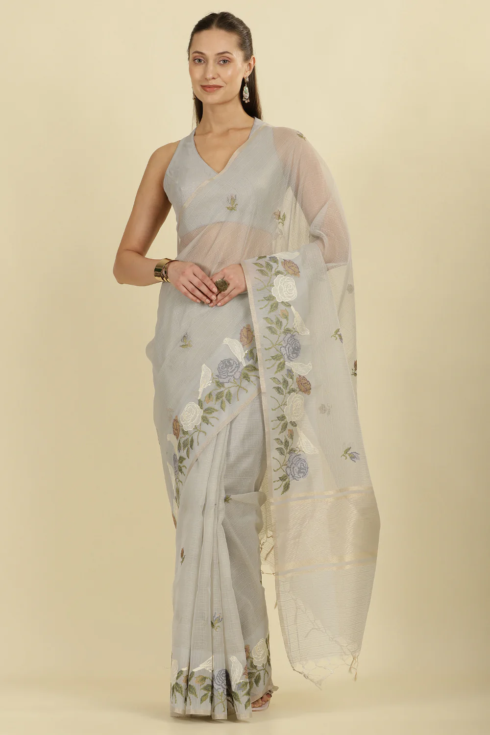 Grey Kota Cotton Floral Resham Embroidered And Zari Woven Saree - Image 2