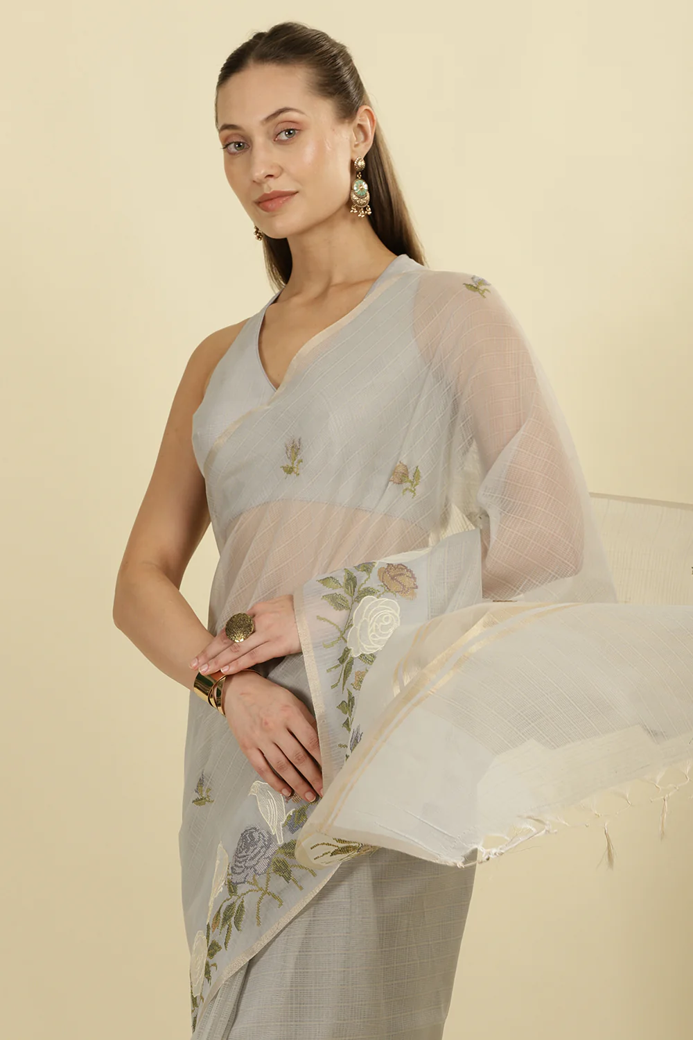 Grey Kota Cotton Floral Resham Embroidered And Zari Woven Saree - Image 6