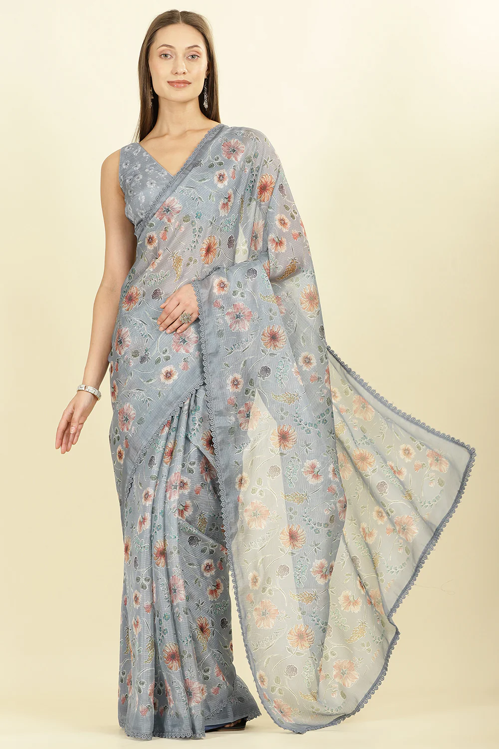 Grey Organza Floral Printed And Lace Work Saree - Image 2