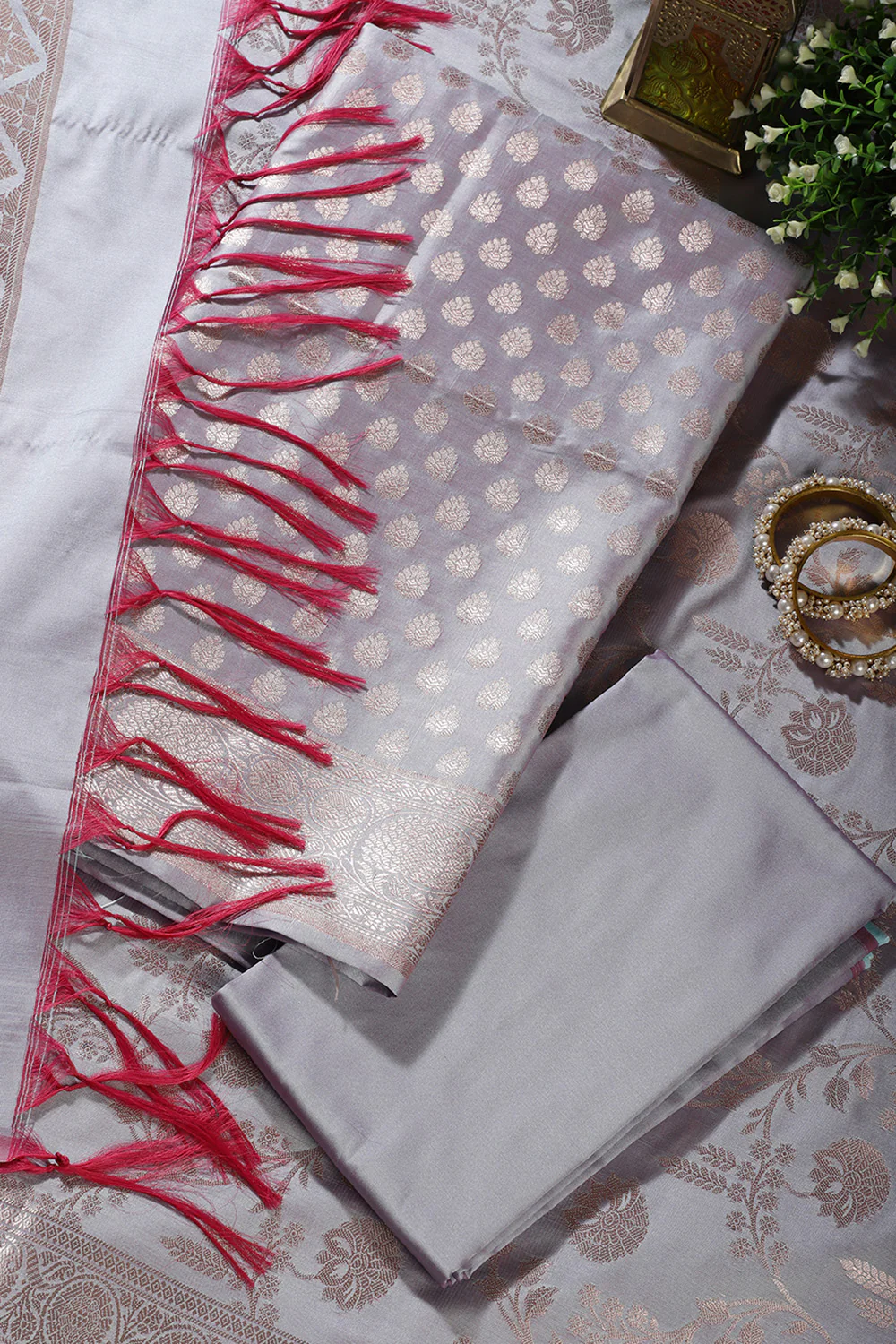 Grey Silk Buta Motifs Woven Unstitched Suit Fabric - Image 4