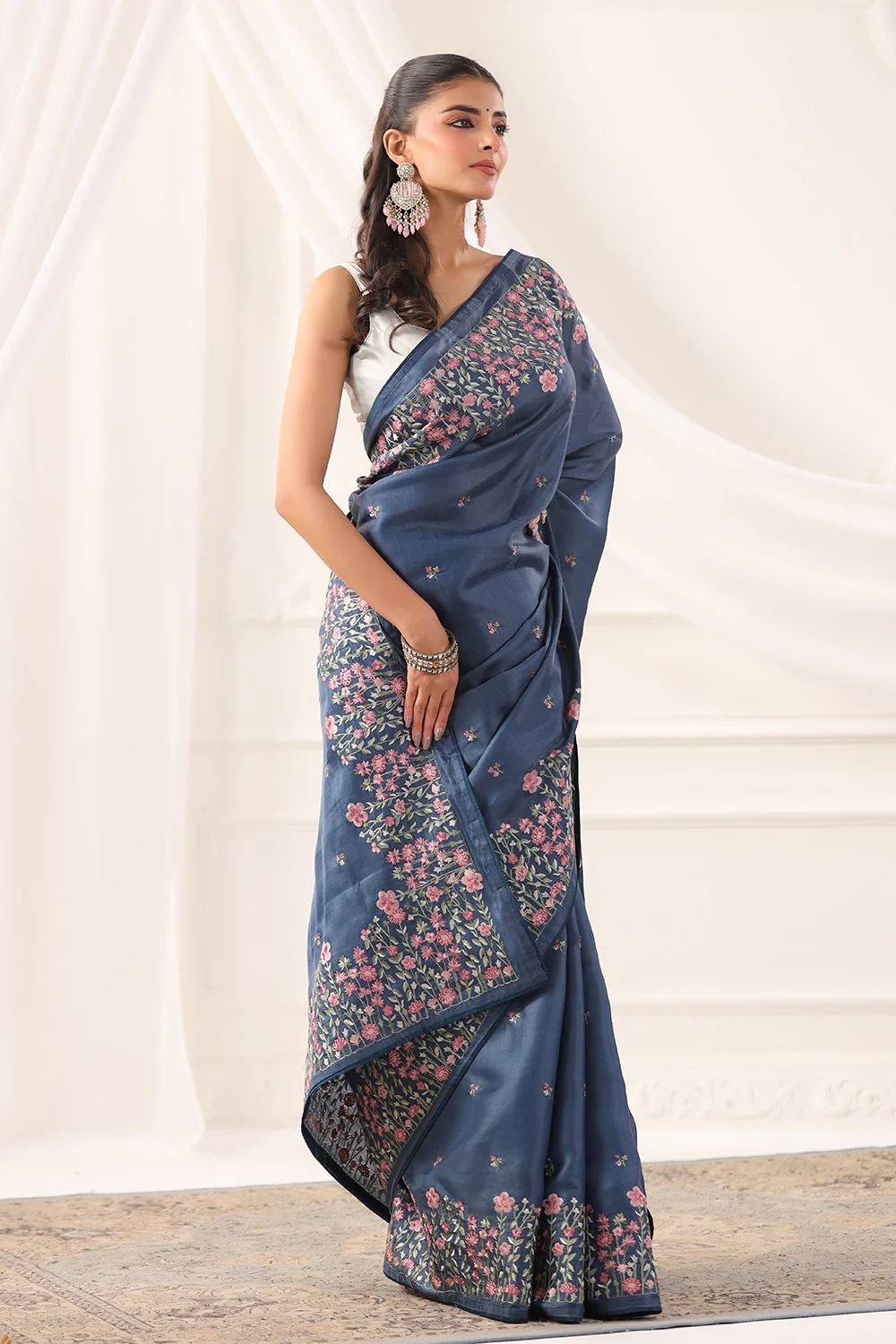 Greyish Blue Tussar Silk Resham Floral Embroidered Saree - Image 3