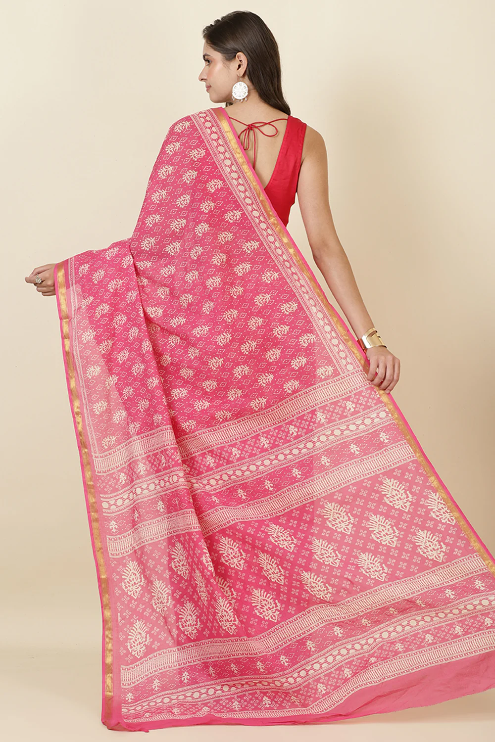 Hot Pink Cotton Block Printed Saree - Image 3