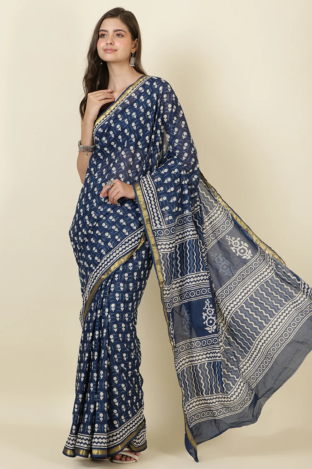 Indigo Blue Block Printed Cotton Saree - Image 4