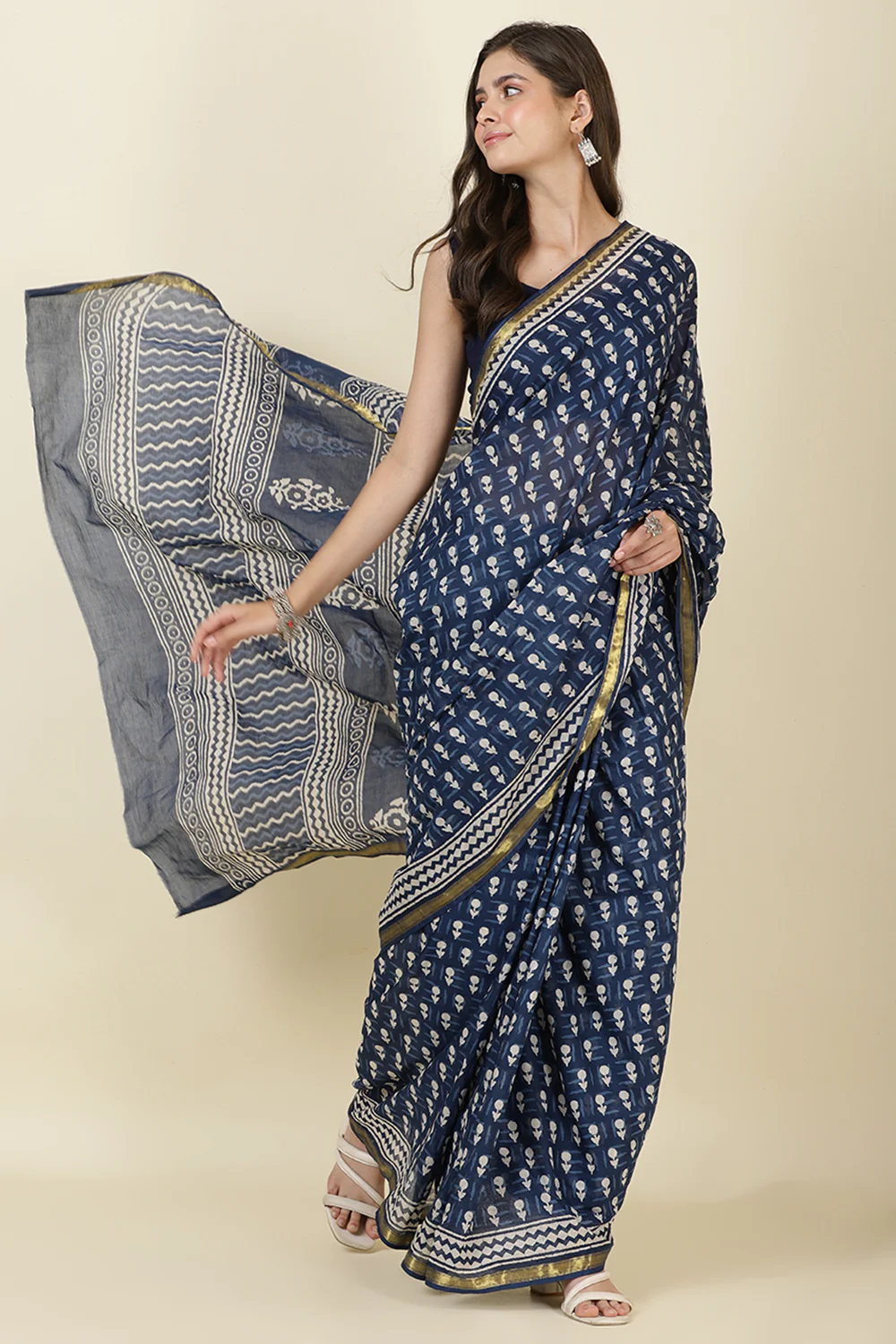 Indigo Blue Block Printed Cotton Saree - Image 6