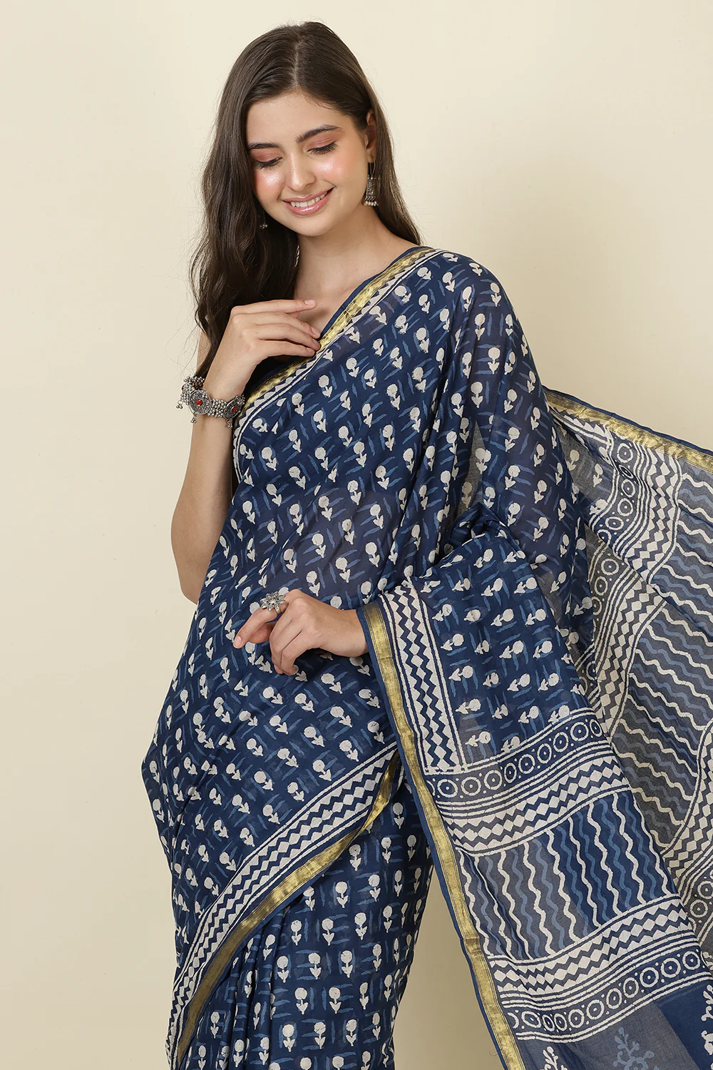 Indigo Blue Block Printed Cotton Saree - Image 7