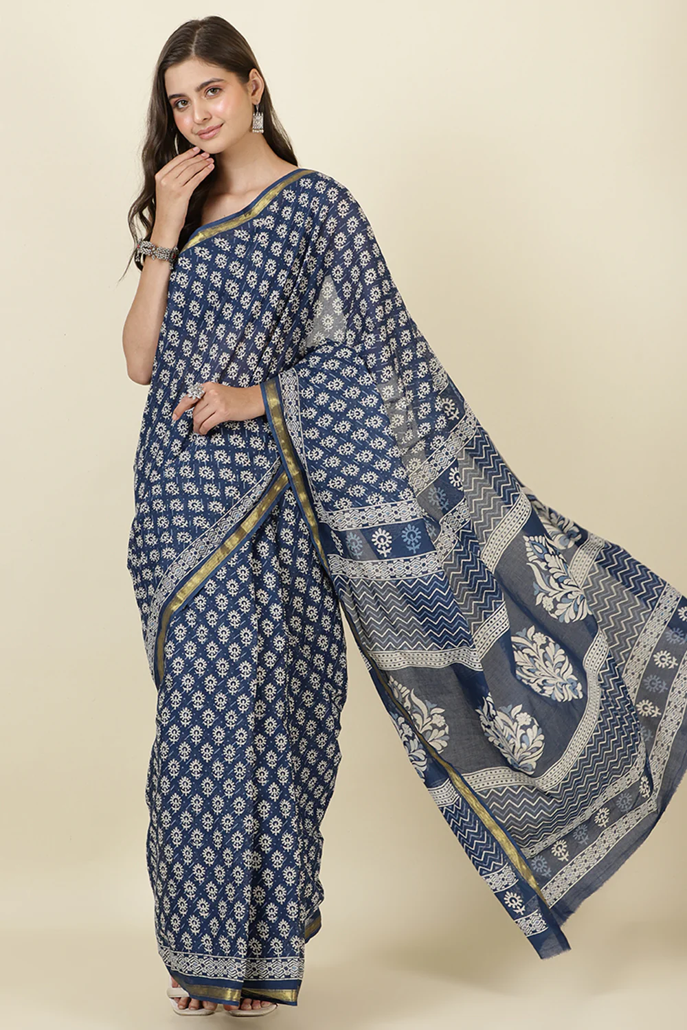 Indigo Blue Cotton Block Printed Saree - Image 6