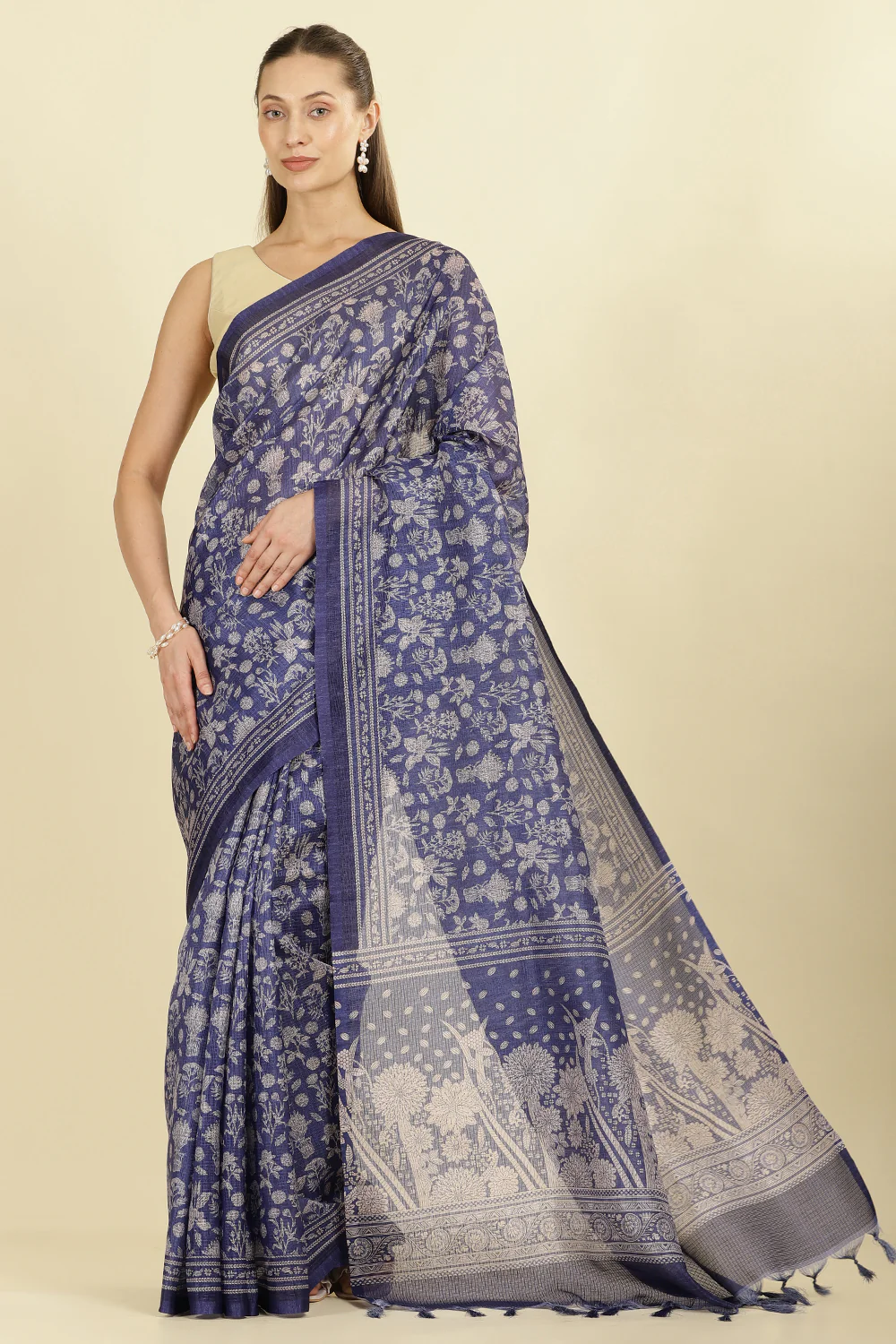 Indigo Kota Cotton Floral Jaal Printed Saree - Image 2