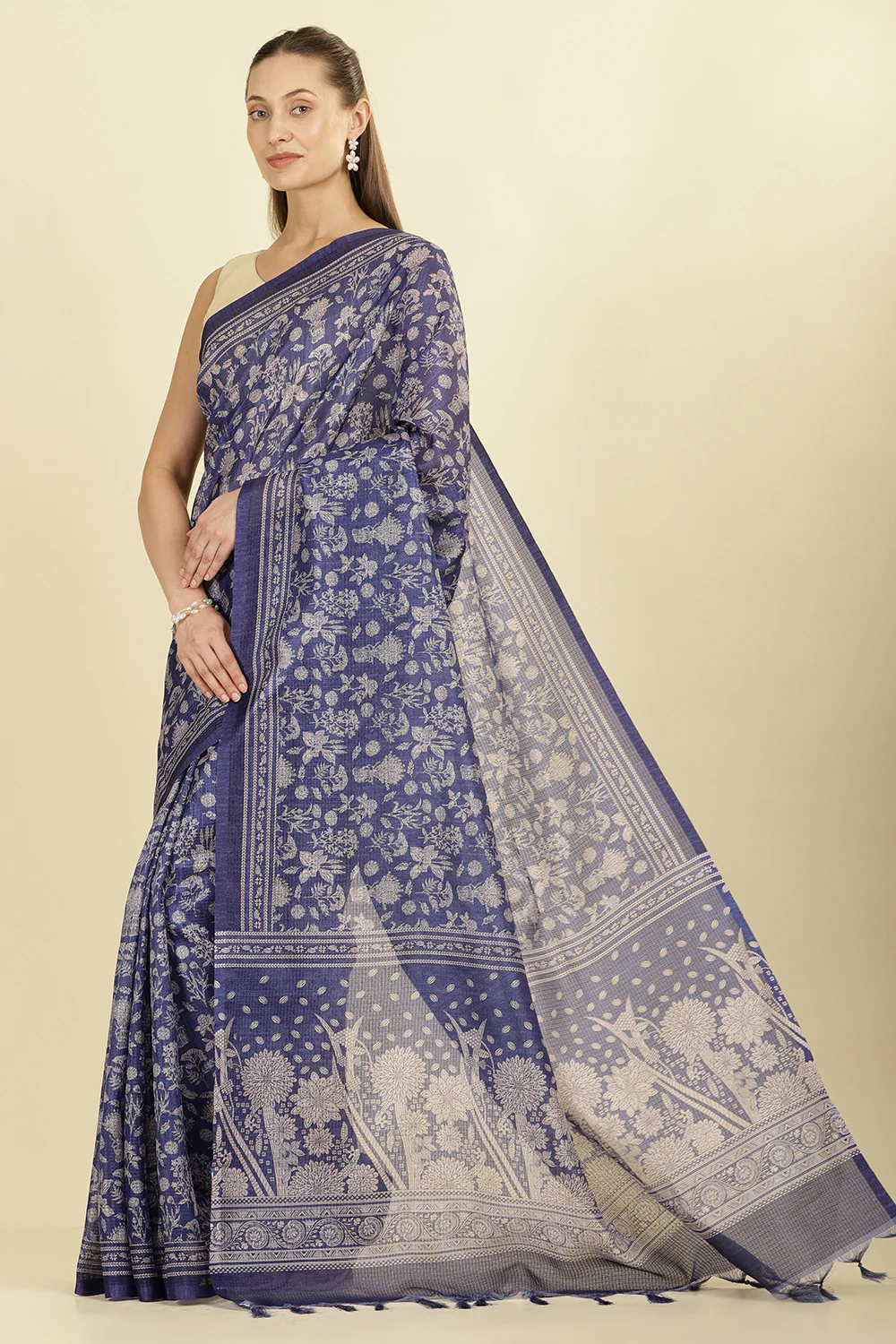 Indigo Kota Cotton Floral Jaal Printed Saree - Image 3