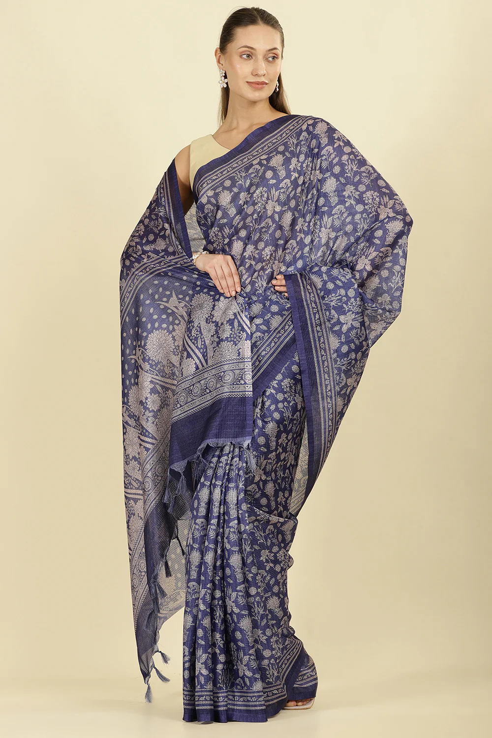 Indigo Kota Cotton Floral Jaal Printed Saree - Image 4