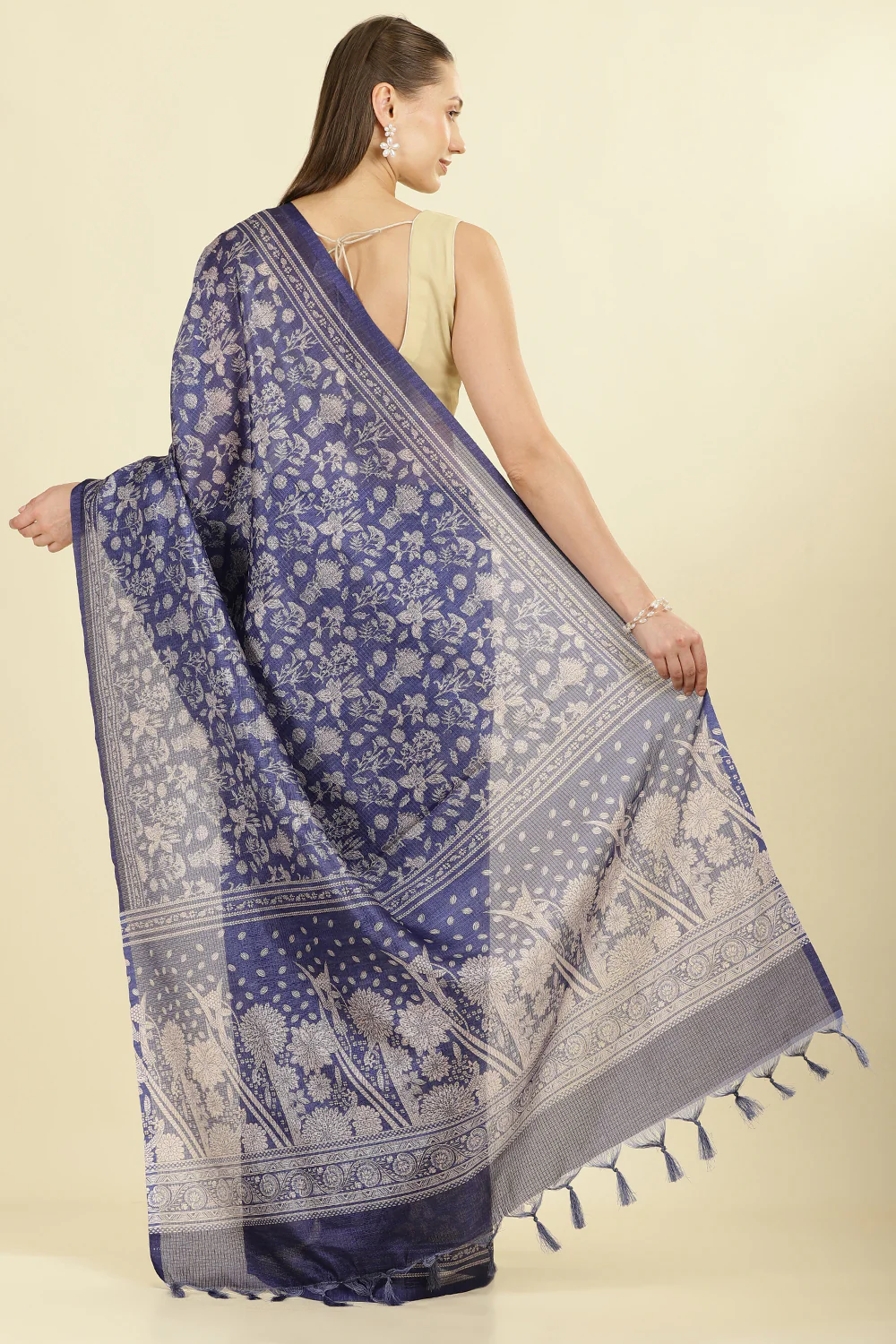 Indigo Kota Cotton Floral Jaal Printed Saree - Image 5