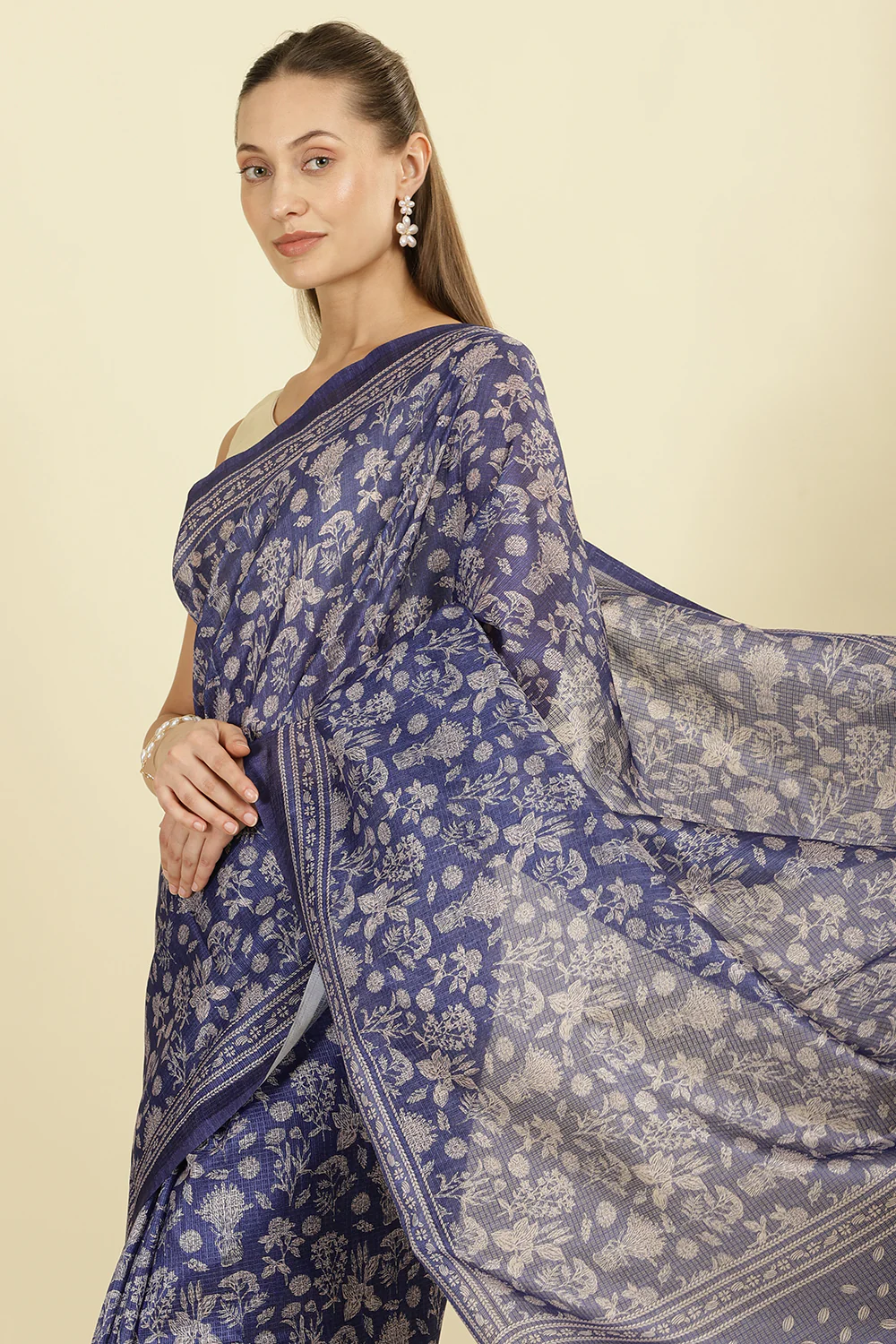 Indigo Kota Cotton Floral Jaal Printed Saree - Image 6