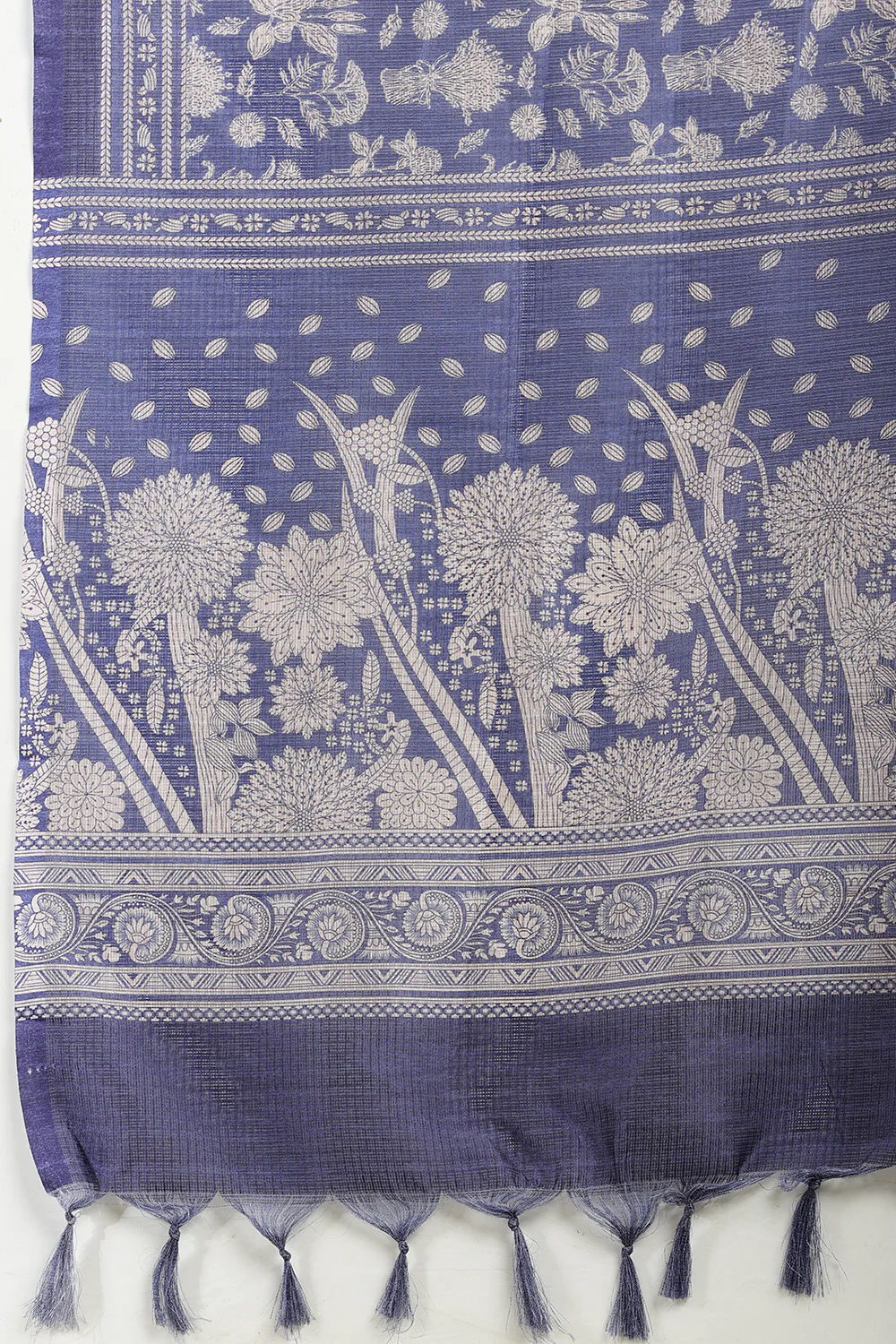 Indigo Kota Cotton Floral Jaal Printed Saree - Image 8