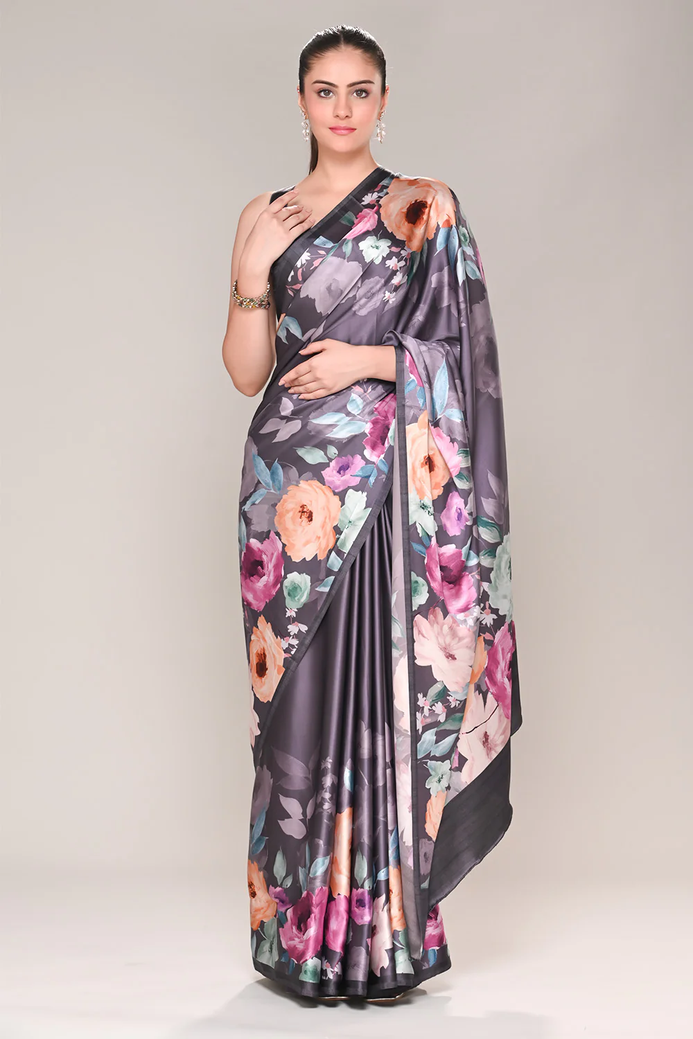Lavender Color Satin Silk Printed Saree
