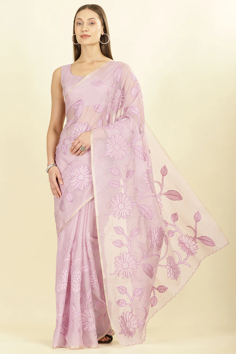 Lavender Cotton Floral Resham Embroidered Saree - Image 2