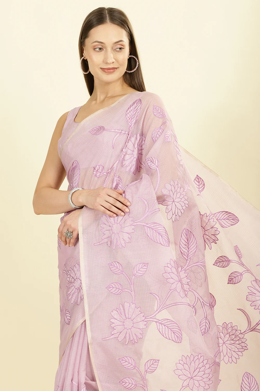 Lavender Cotton Floral Resham Embroidered Saree - Image 6