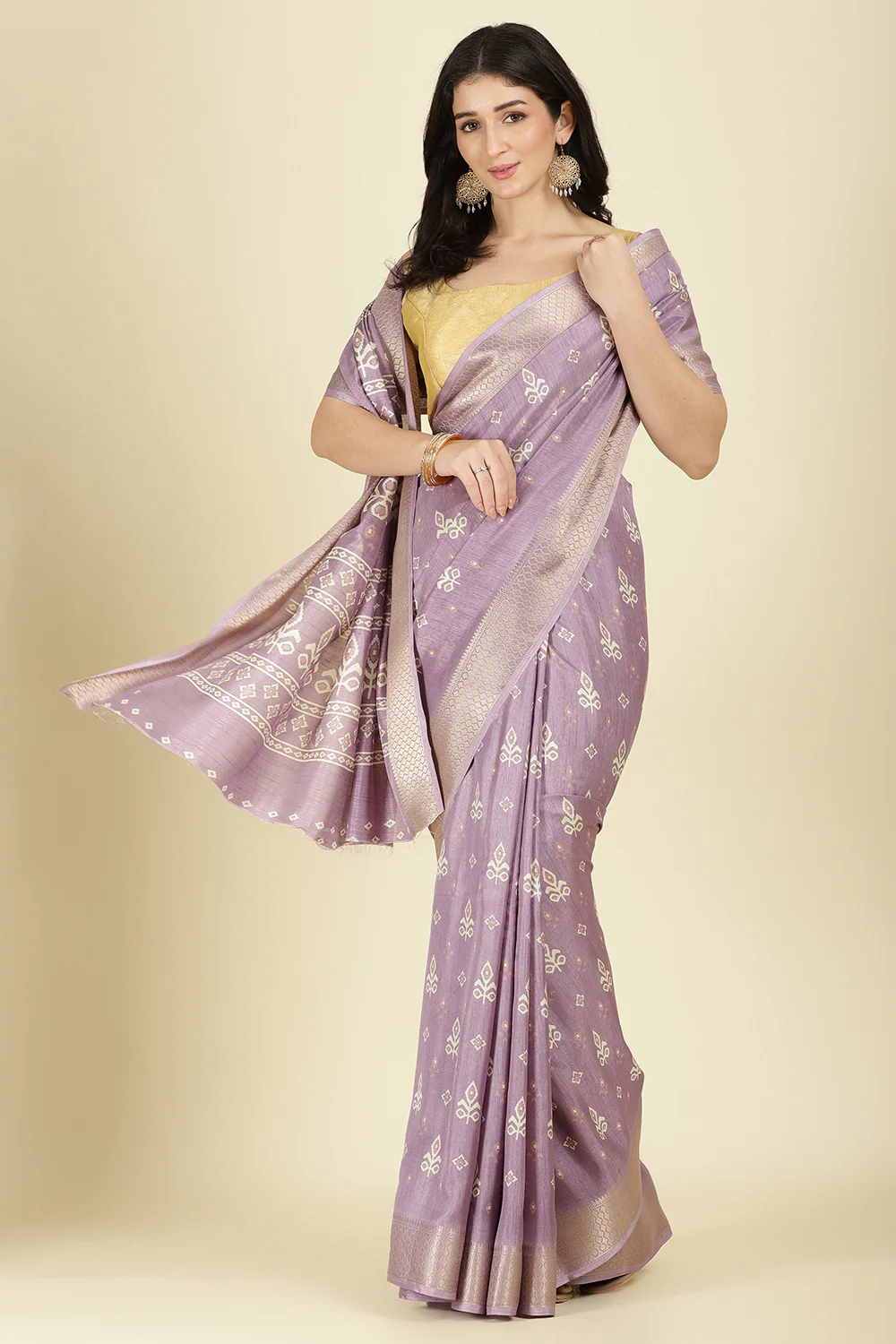 Lavender Cotton Silk Printed And Zari Woven Saree - Image 6