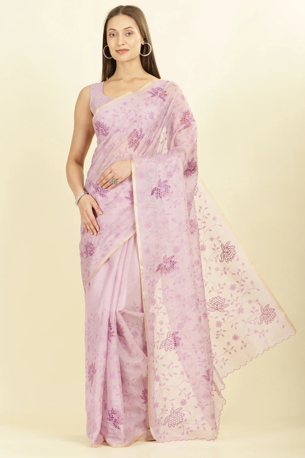Lavender Floral Resham Embroidered Cotton Saree
