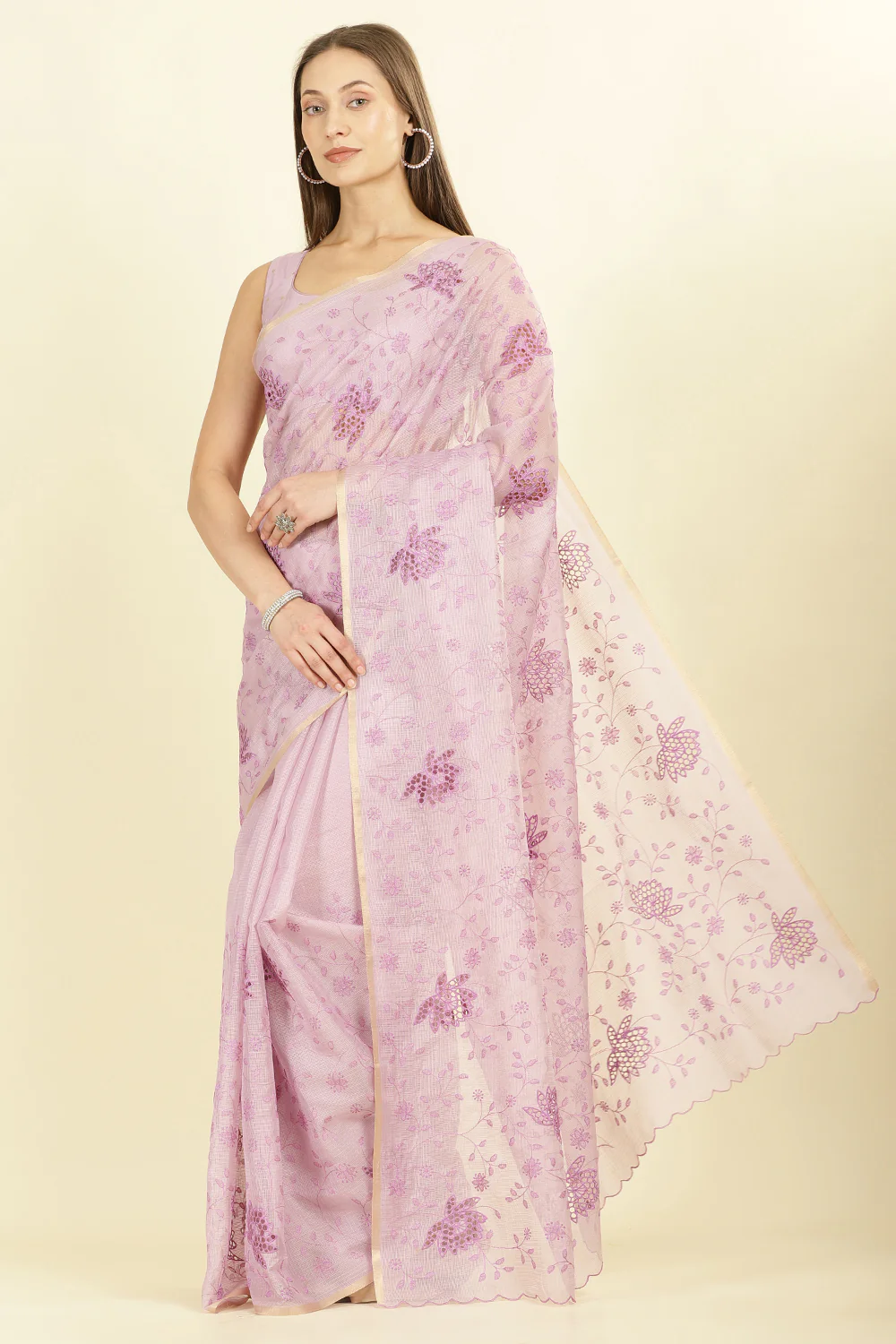 Lavender Floral Resham Embroidered Cotton Saree - Image 2