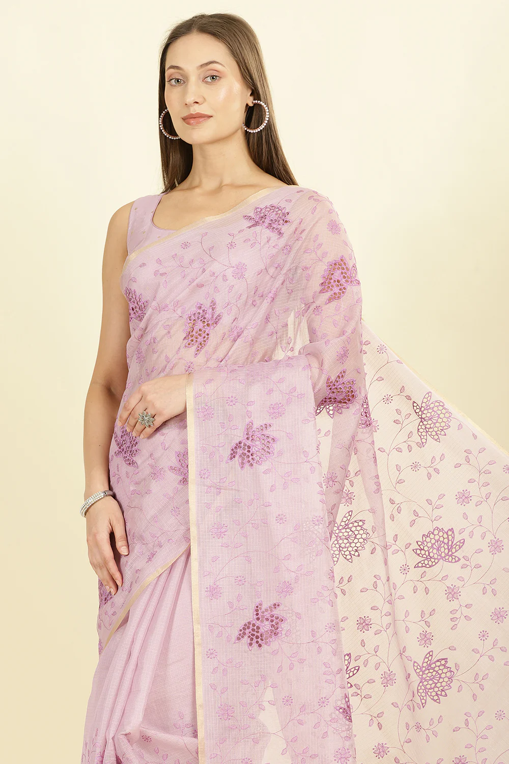 Lavender Floral Resham Embroidered Cotton Saree - Image 6