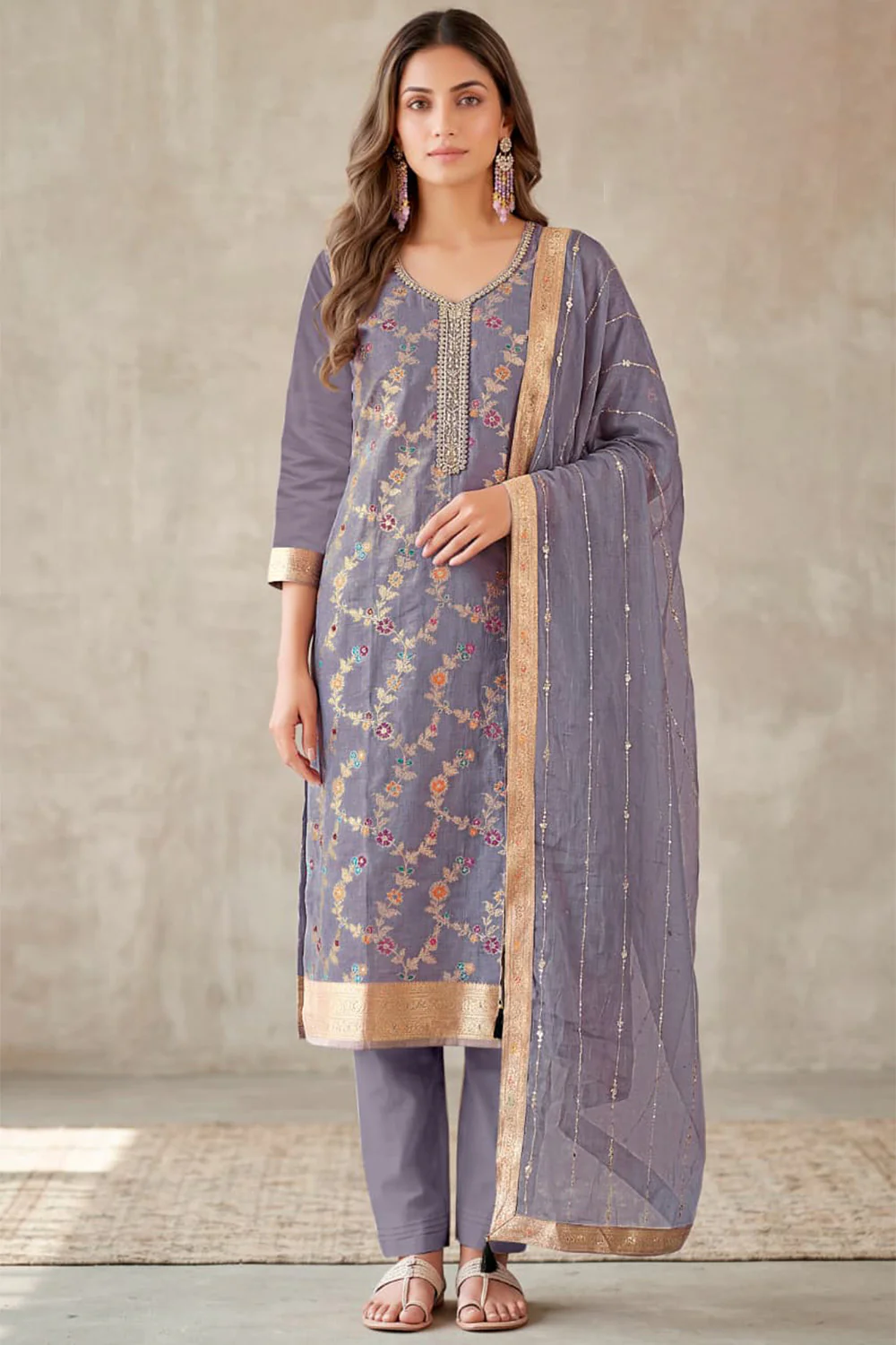 Lavender Silk Resham And Zari Woven Unstitched Suit Fabric