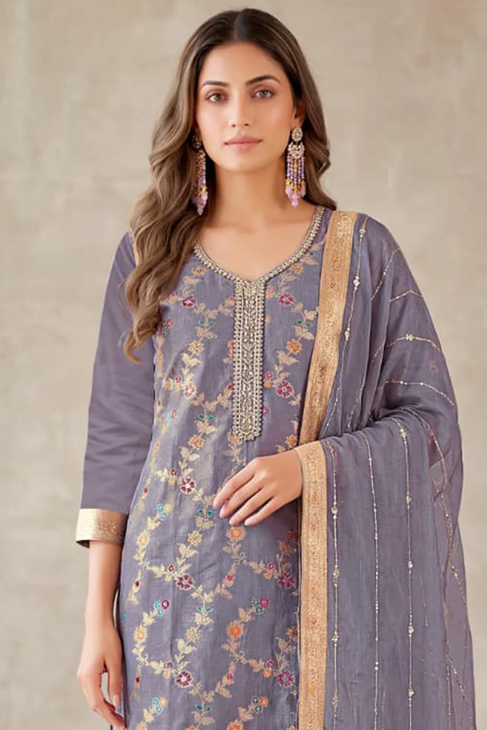 Lavender Silk Resham And Zari Woven Unstitched Suit Fabric - Image 2
